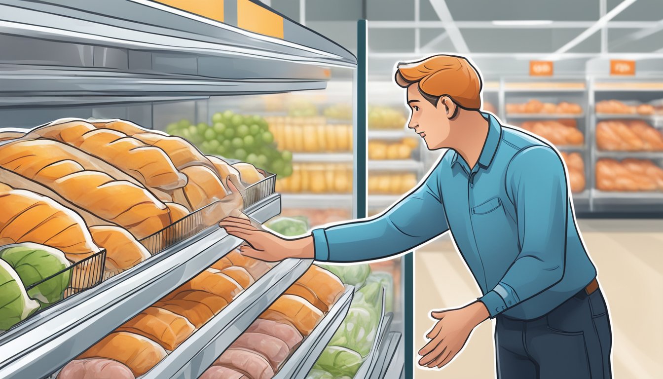A person reaches for a frozen turkey in a grocery store freezer. They inspect the packaging and compare sizes before placing it in their shopping cart