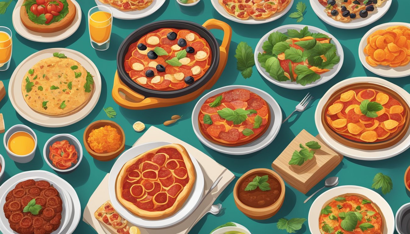 A table set with a variety of local cuisines, featuring a prominent dish of pepperoni, surrounded by vibrant colors and enticing aromas
