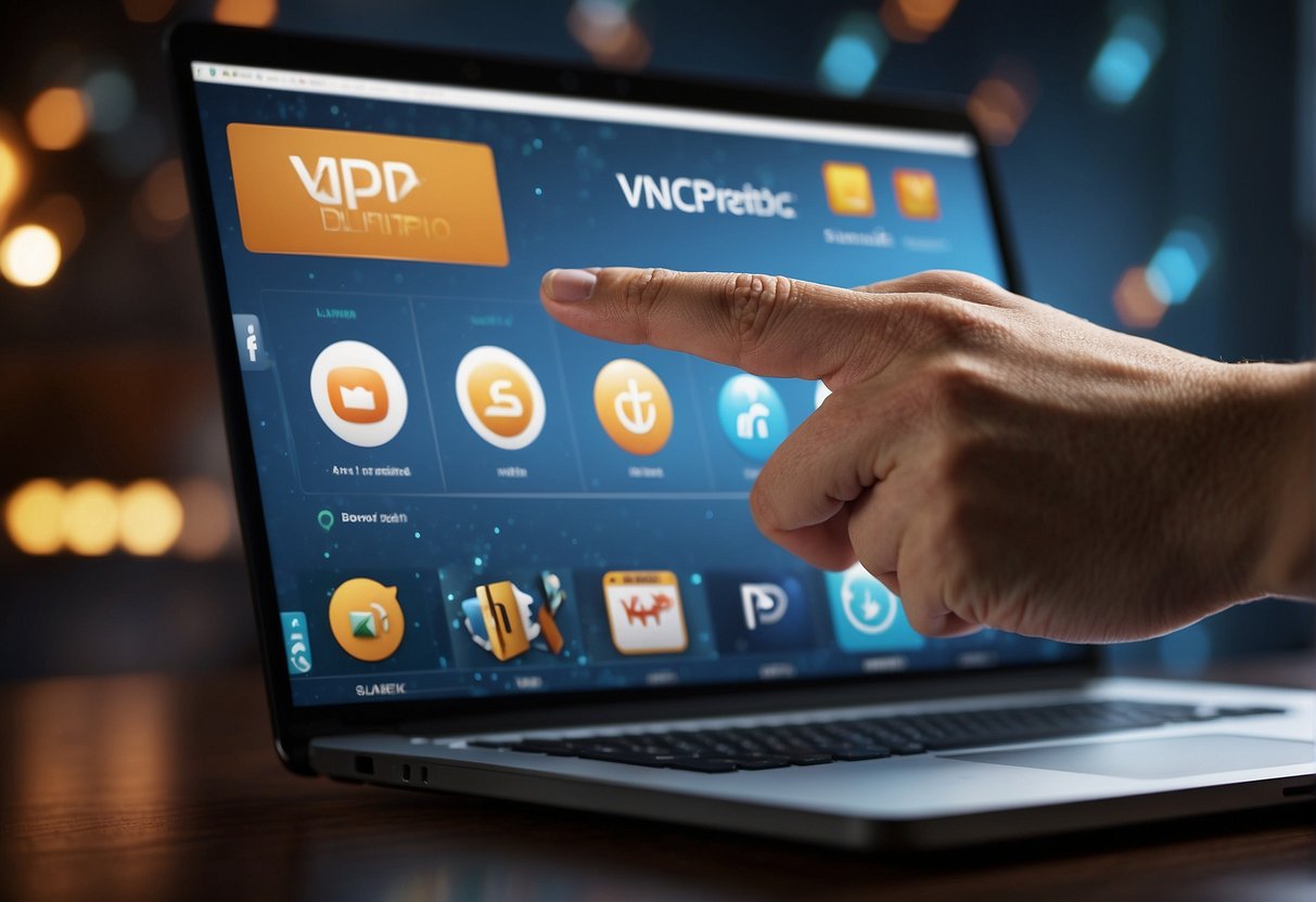 A hand reaches for a VPN logo amidst betting icons and a blocked website, symbolizing the struggle to find the right VPN for overcoming betting restrictions