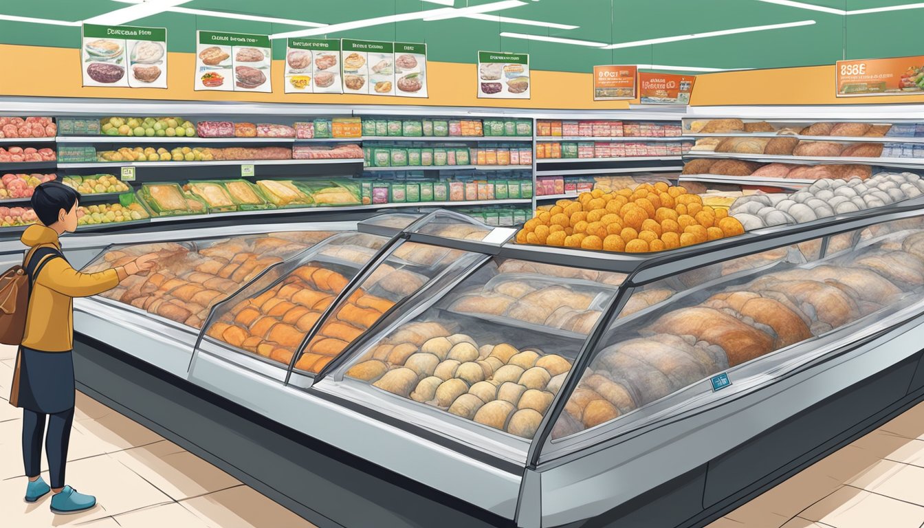 A display of frozen turkeys in a Singapore supermarket, with various brands and sizes available. Customers browsing and reading labels