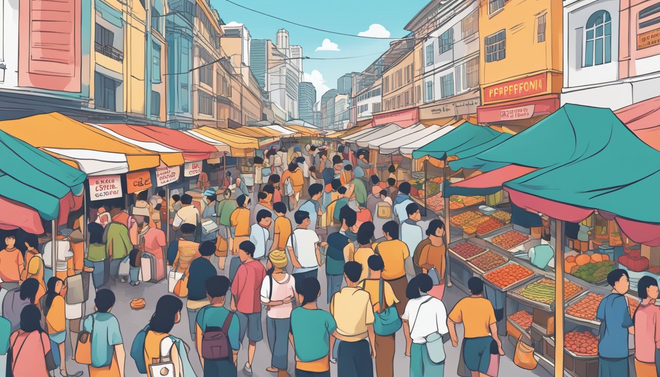A bustling marketplace with colorful stalls and signs advertising "Pepperoni for Sale" in Singapore. Crowds of people browsing and vendors calling out their prices