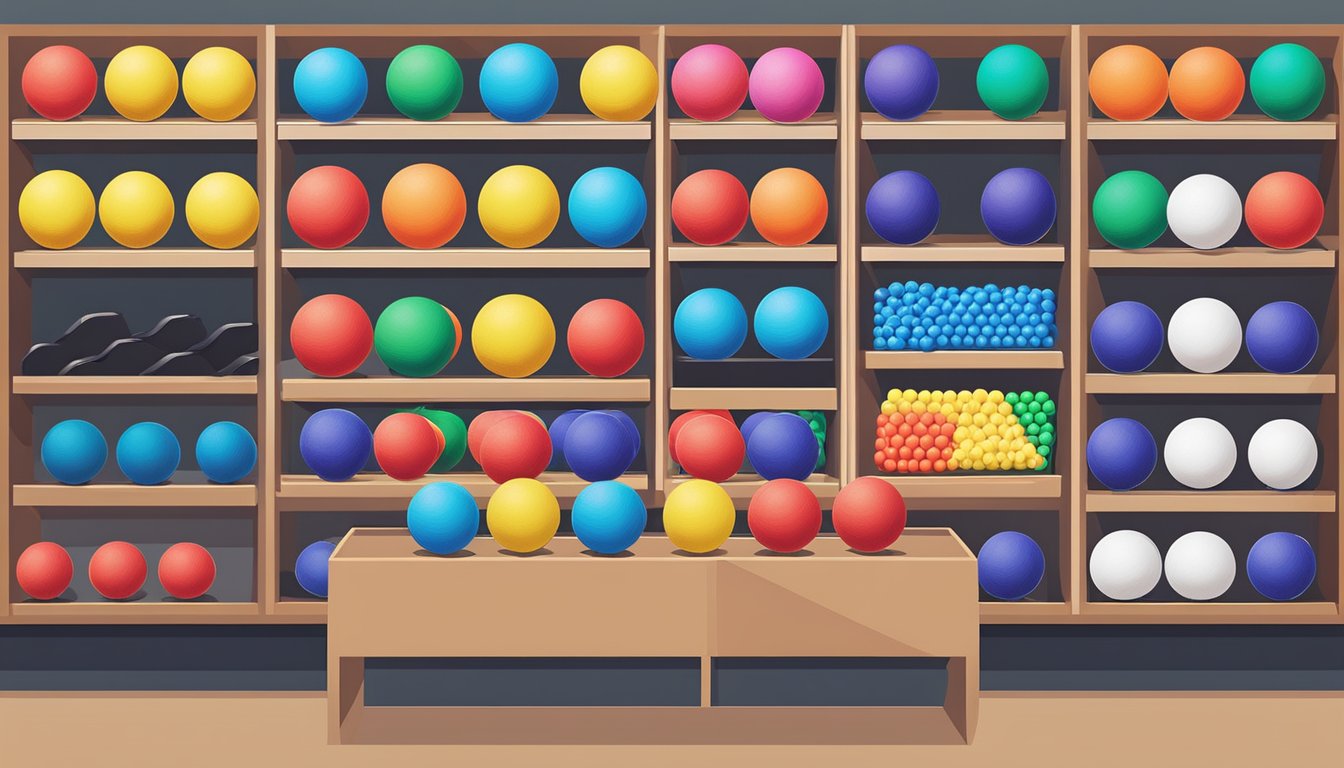 A table tennis store in Singapore displays a variety of ping pong balls in vibrant colors and sizes, neatly organized on shelves for customers to browse and purchase