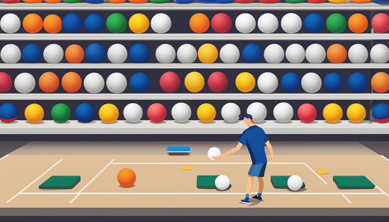 A hand reaches out to select a ping pong ball from a shelf in a sports store. Various brands and colors are displayed, with price tags visible