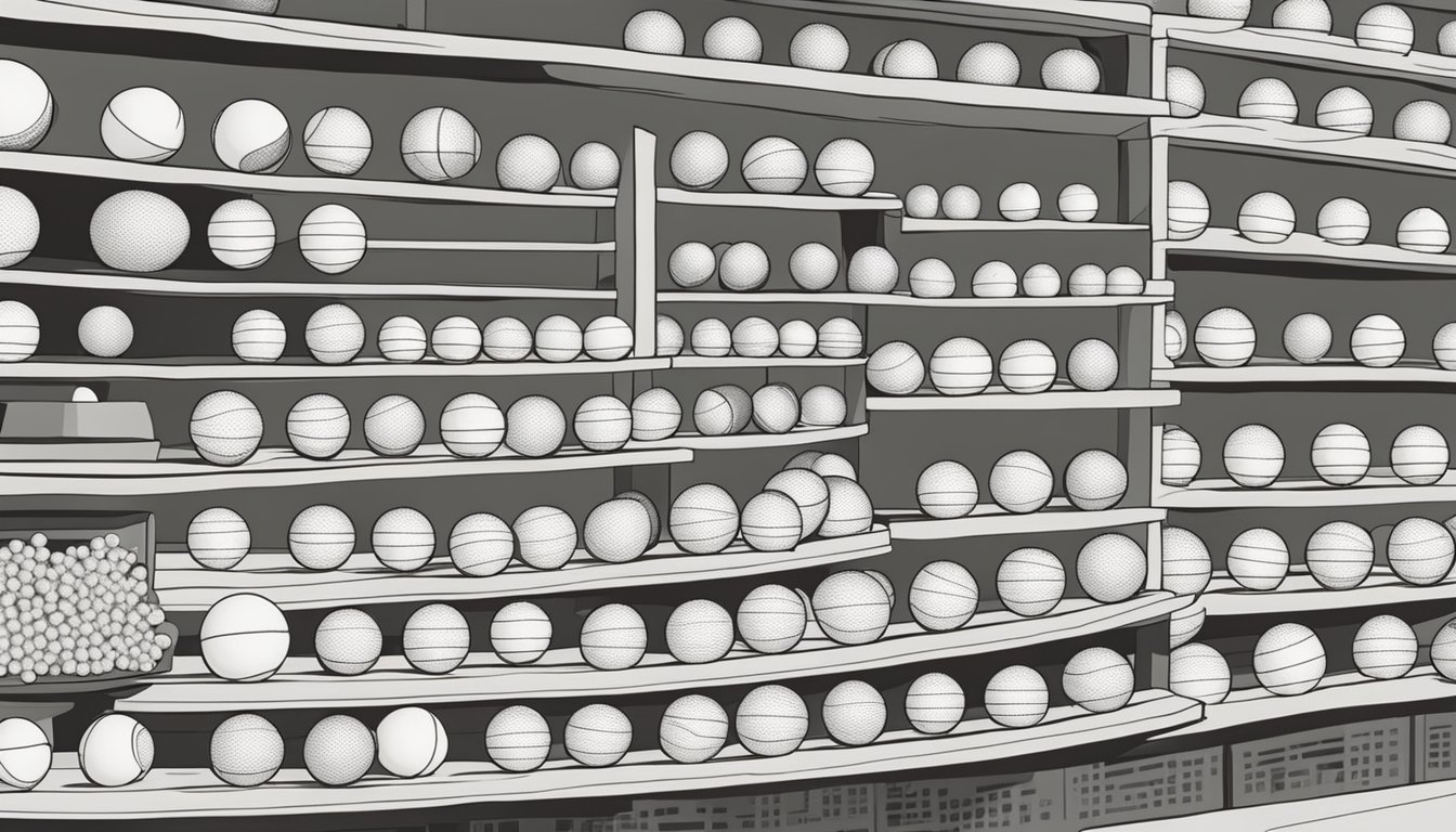 A table with various brands of ping pong balls displayed in a store in Singapore, with a sign indicating "Frequently Asked Questions: Where to buy ping pong balls."