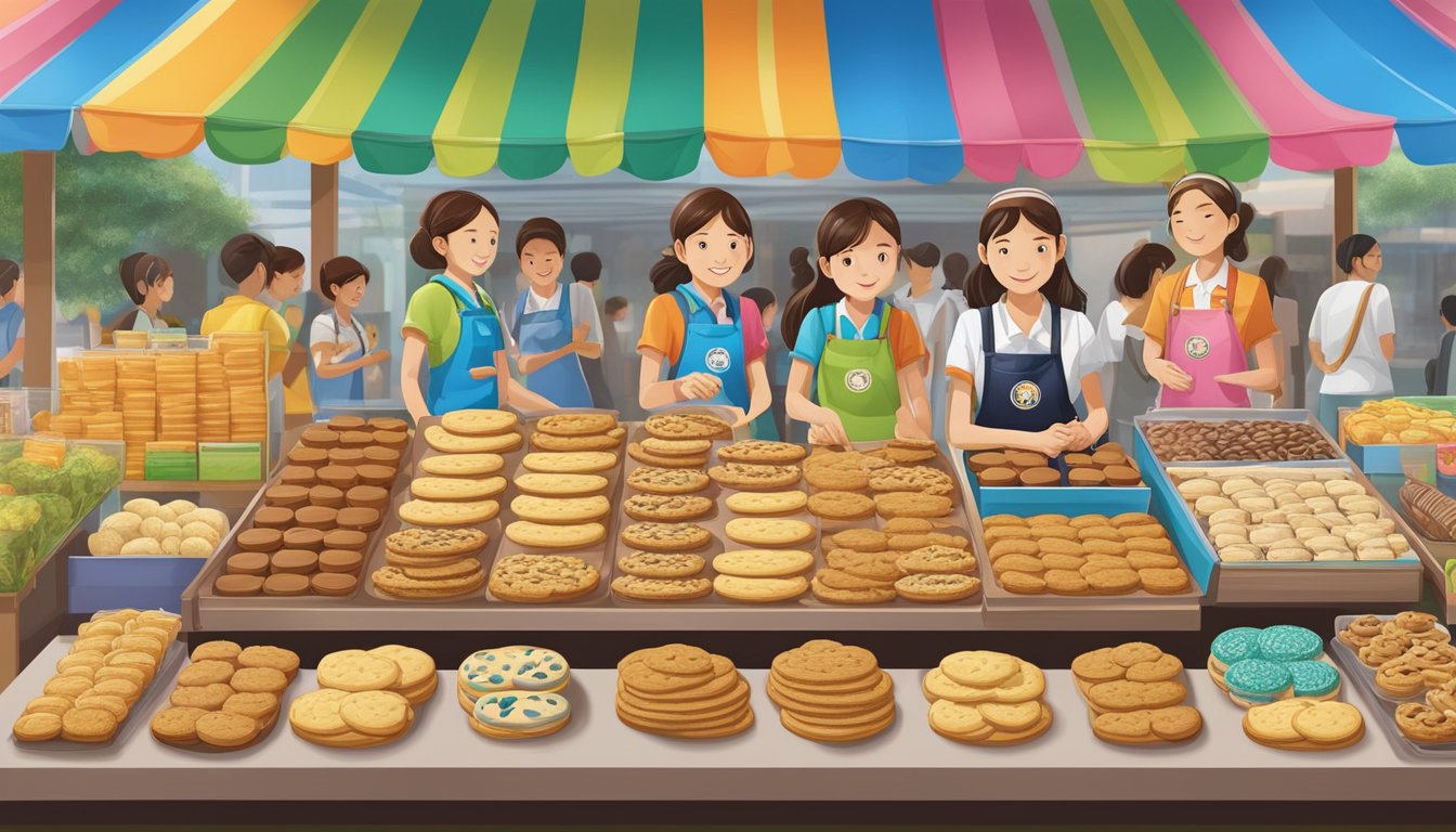 A colorful display of Girl Guide cookies at a Singaporean market stall, with a variety of flavors and packaging options available for purchase
