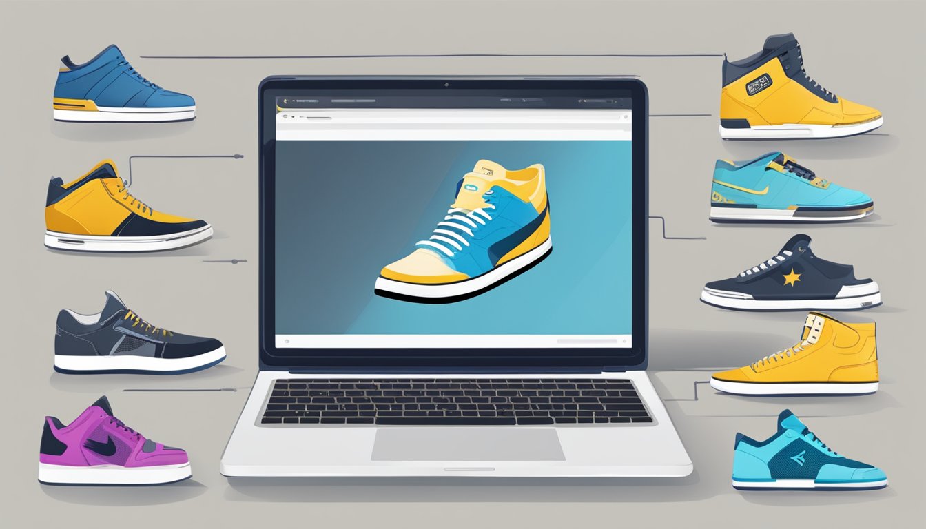 A laptop displaying a variety of branded shoes on a website, with a secure payment option and positive customer reviews
