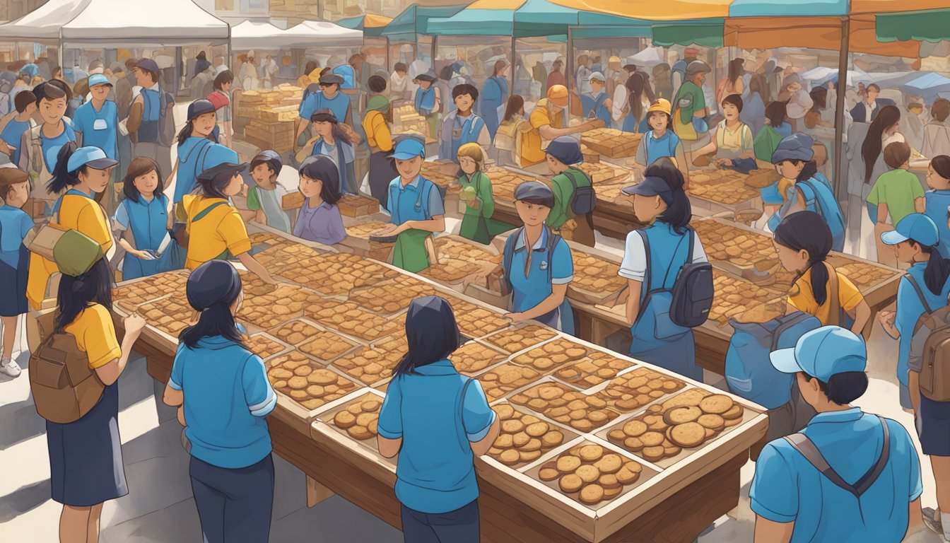 A table with an array of Girl Guide cookie boxes, surrounded by eager customers at a bustling market