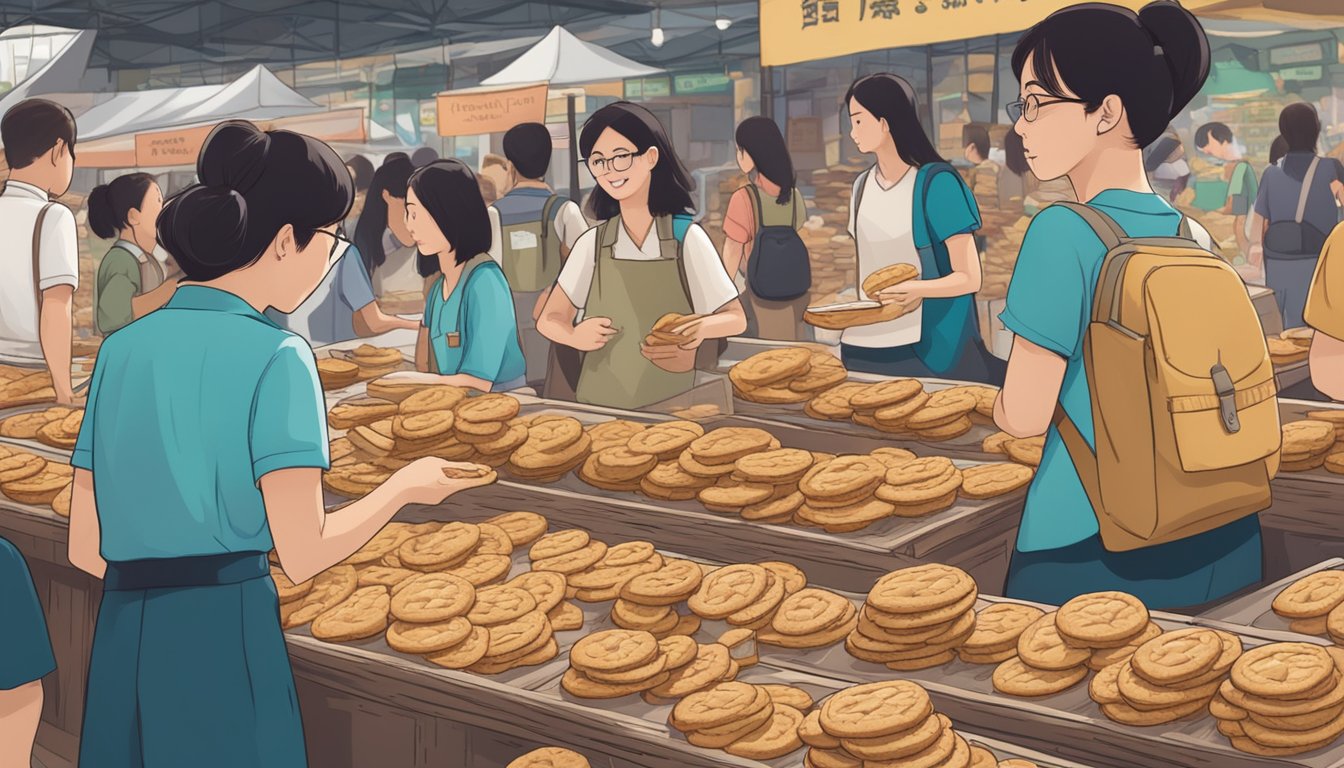 A table with boxes of Girl Guide cookies in a bustling Singapore market, with a sign reading "Frequently Asked Questions: Where to Buy Girl Guide Cookies."