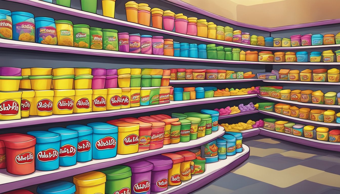 A colorful display of Play-Doh containers on shelves in a Singaporean toy store