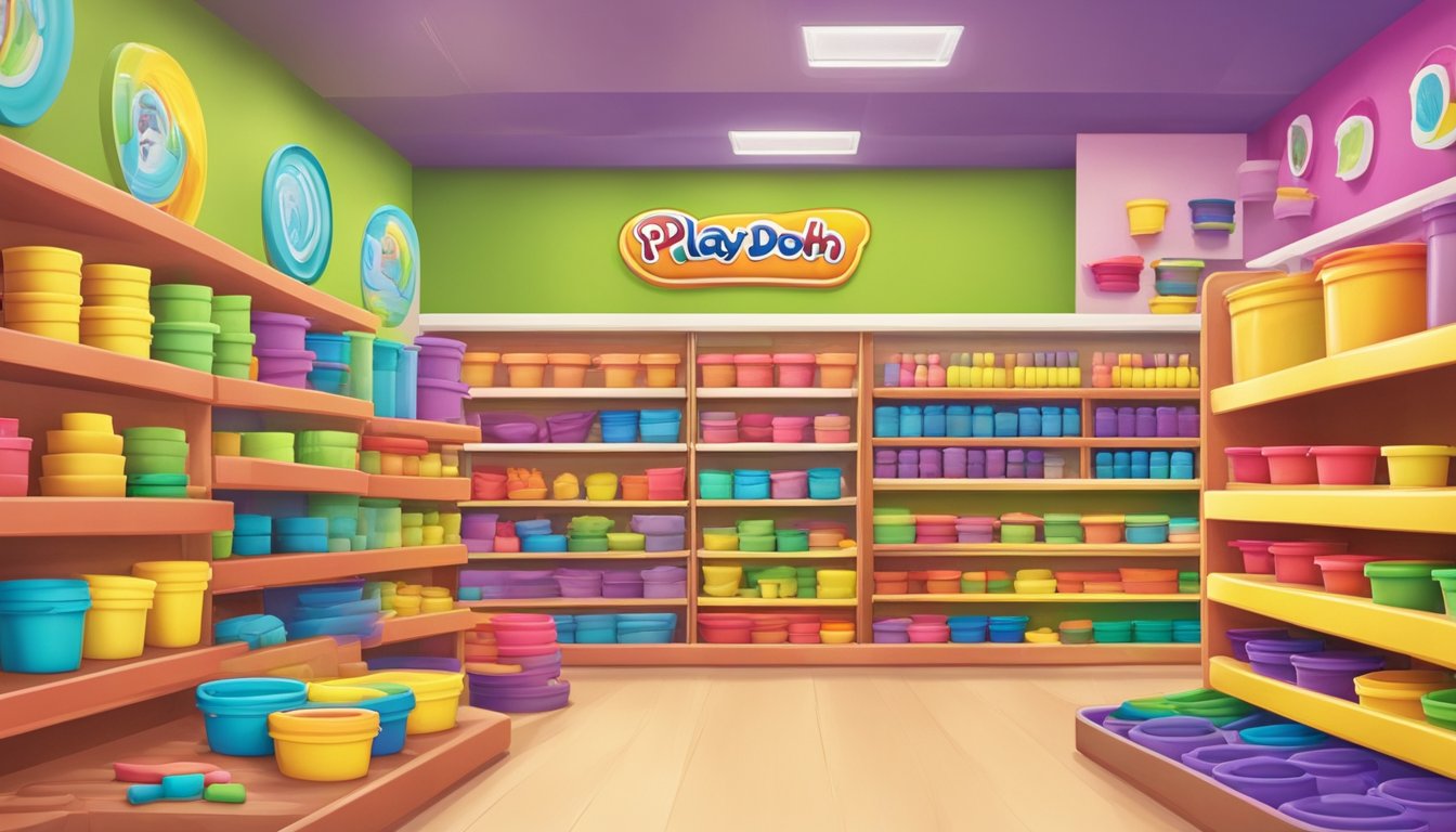 Colorful shelves display Play-Doh in a bright, spacious store. Children happily mold and play at tables. Shelves are neatly organized with a variety of Play-Doh sets and accessories