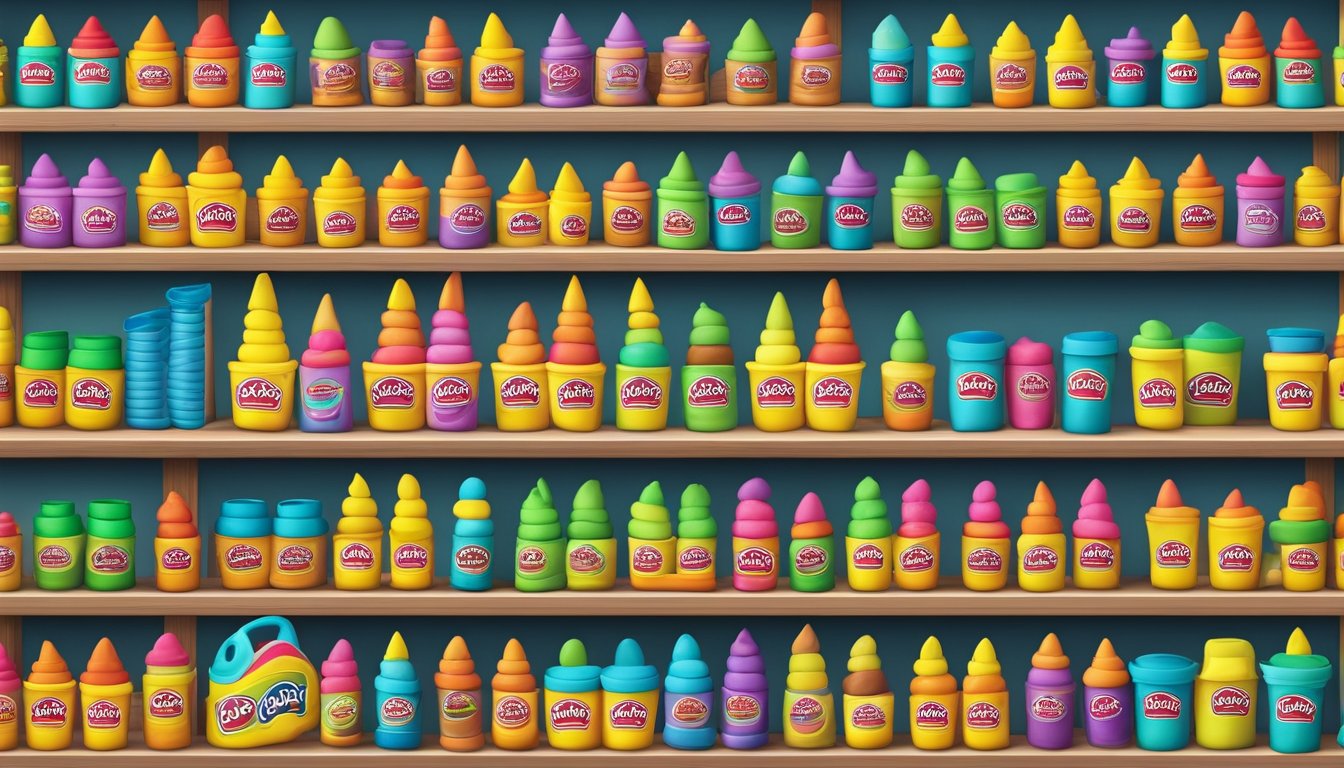 A display of colorful Play-Doh products arranged on shelves at a toy store in Singapore