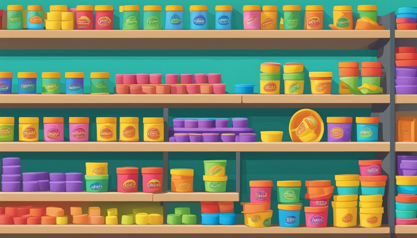 Shelves stocked with colorful Play-Doh cans, a sign indicating "Frequently Asked Questions," and a Singapore map in the background