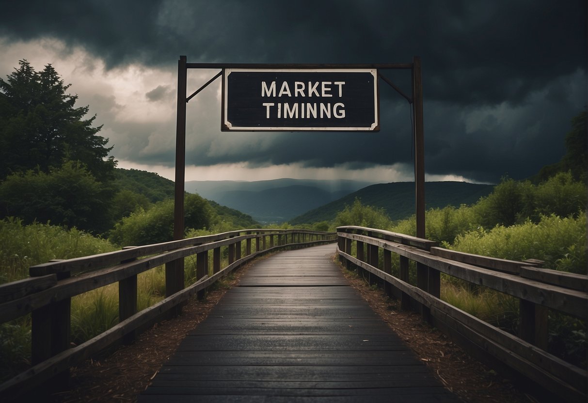 A dark storm cloud looms over a winding, uncertain path with a sign reading "market timing." A shaky bridge crosses a deep chasm below
