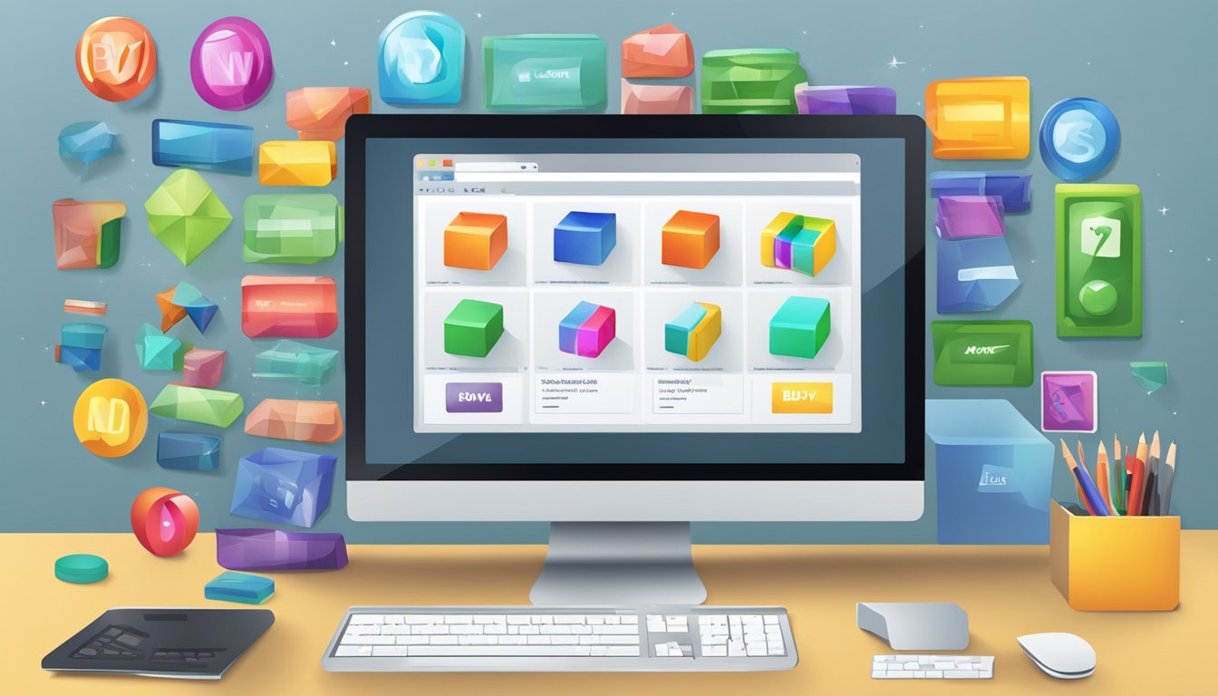 Magnets displayed on a computer screen, with a "buy now" button highlighted. A variety of magnets in different shapes and sizes are shown