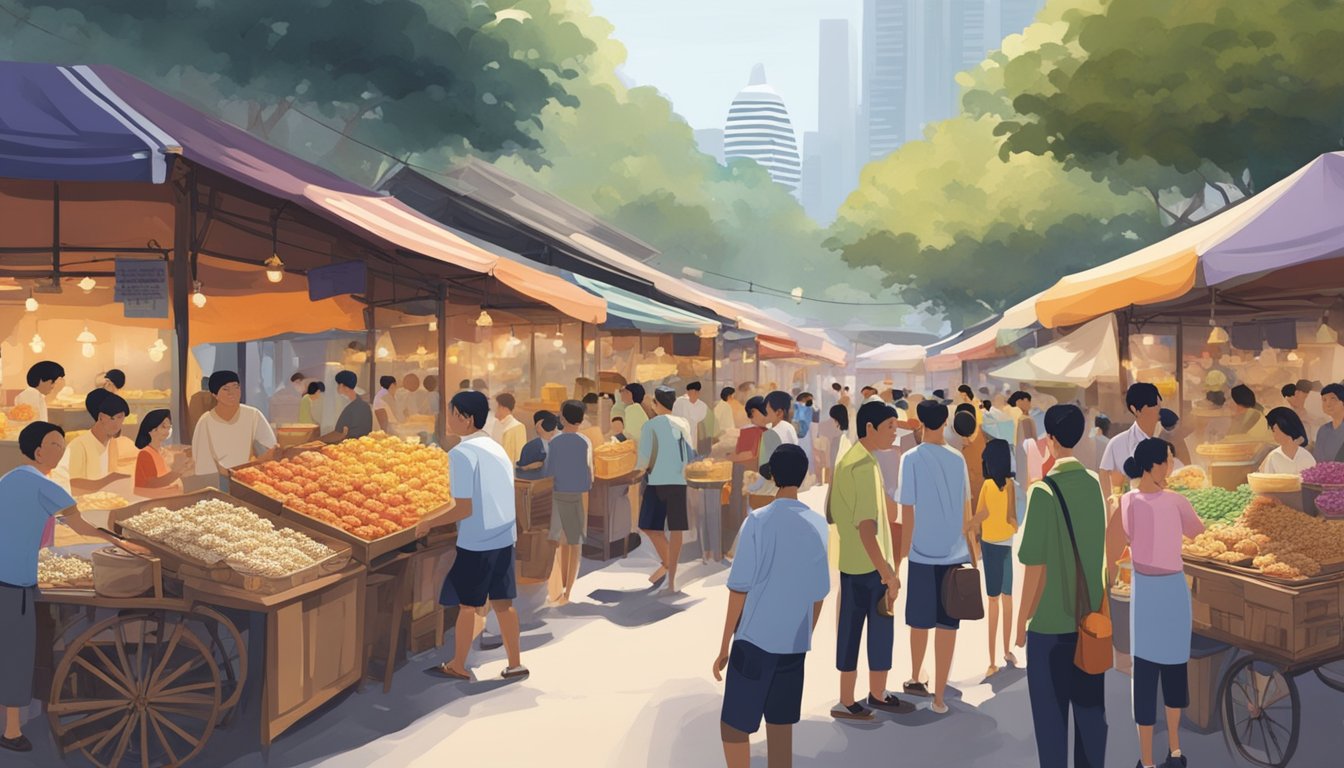A bustling marketplace in Singapore, with vendors selling porcelain rice urns displayed on colorful stalls. Crowds browse the wares, while the aroma of street food fills the air