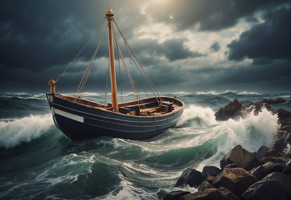 A rocky boat tossed by stormy waves, with a broken compass and scattered maps, symbolizing the negative impact of market volatility and the potential drawbacks of market timing