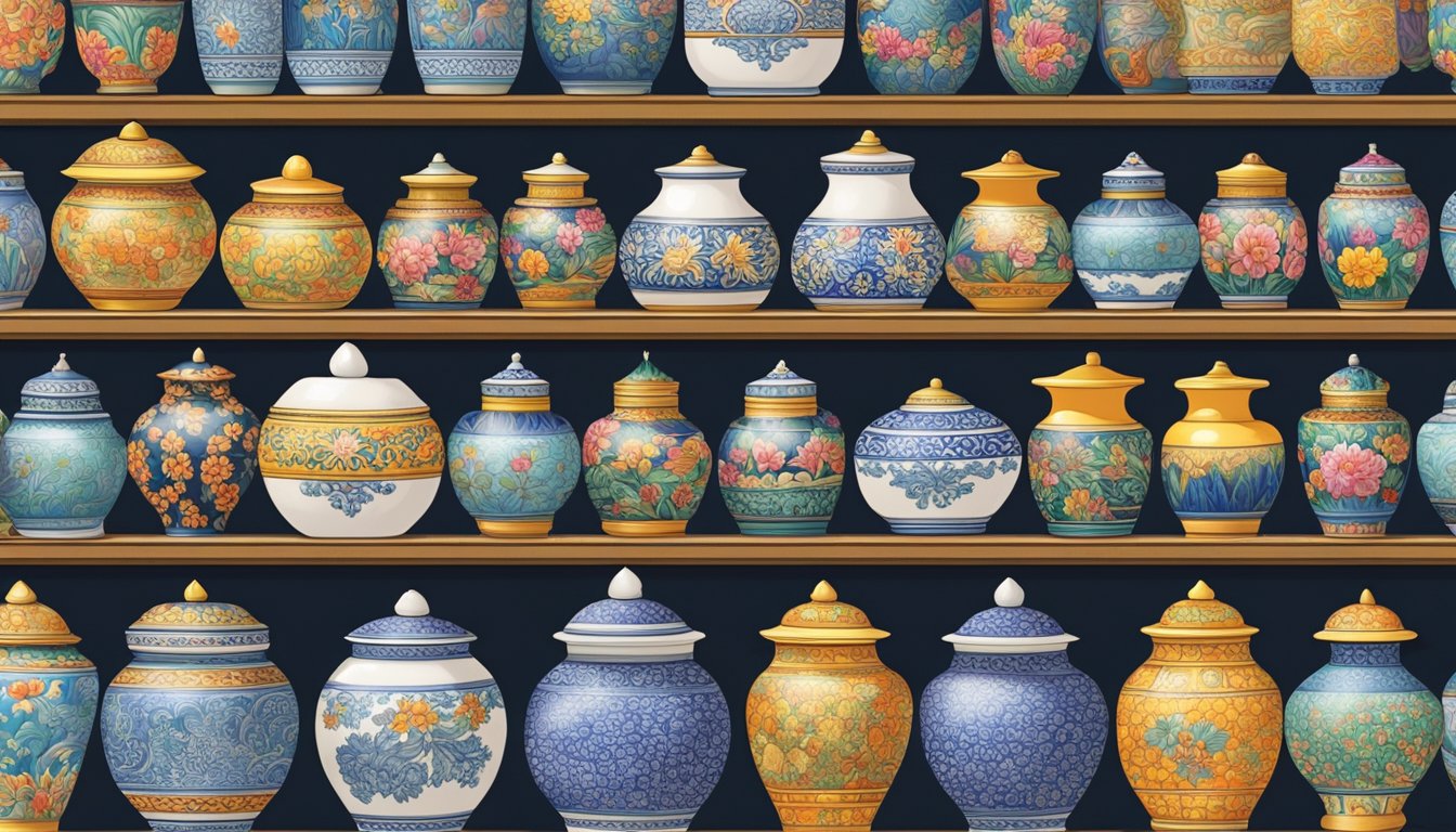 A bustling market stall displays a variety of porcelain rice urns in Singapore, with vibrant colors and intricate designs, attracting customers with their traditional and modern styles