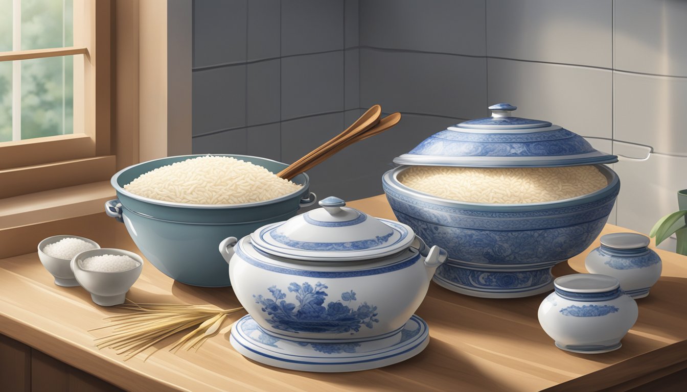 A porcelain rice urn sits on a kitchen counter, with steam rising from the open lid. A scoop rests beside it, ready for use. The urn is surrounded by bags of rice and various cooking utensils