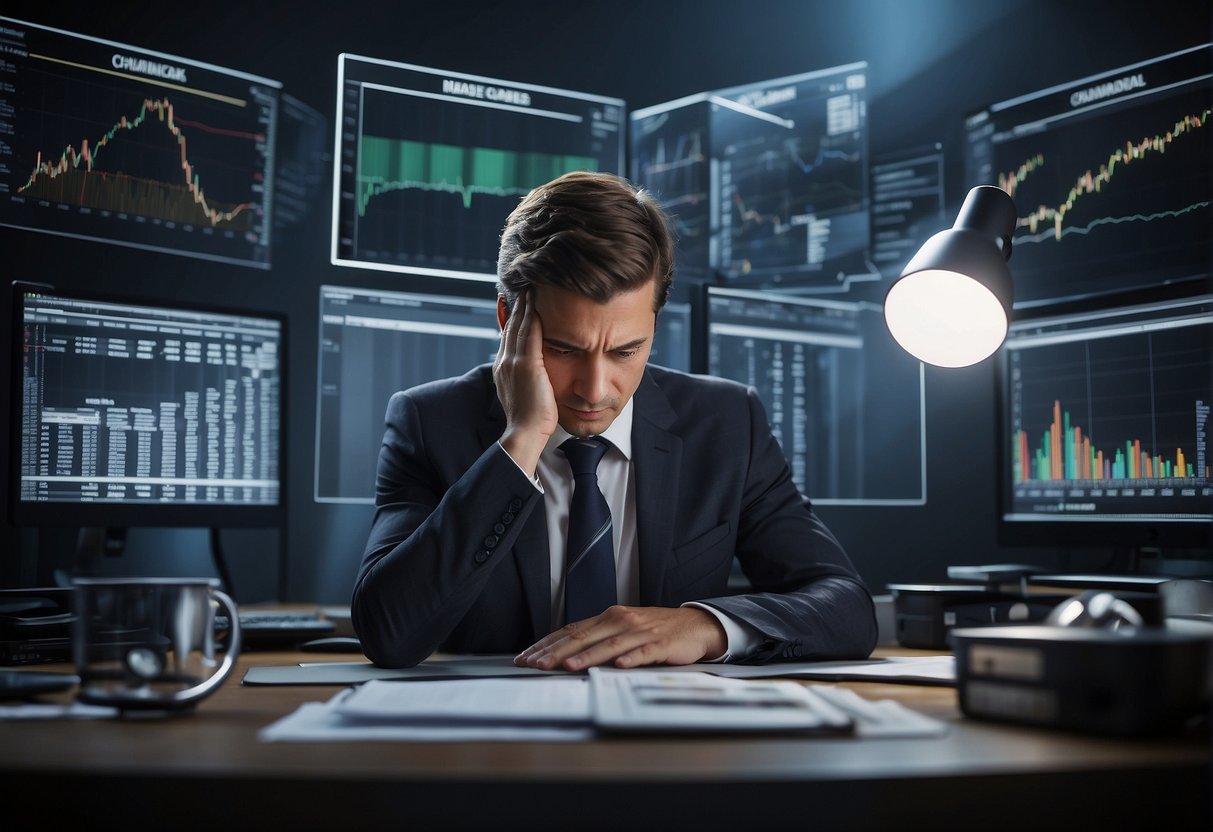 A person sitting at a desk, surrounded by financial charts and graphs, with a look of frustration and concern on their face