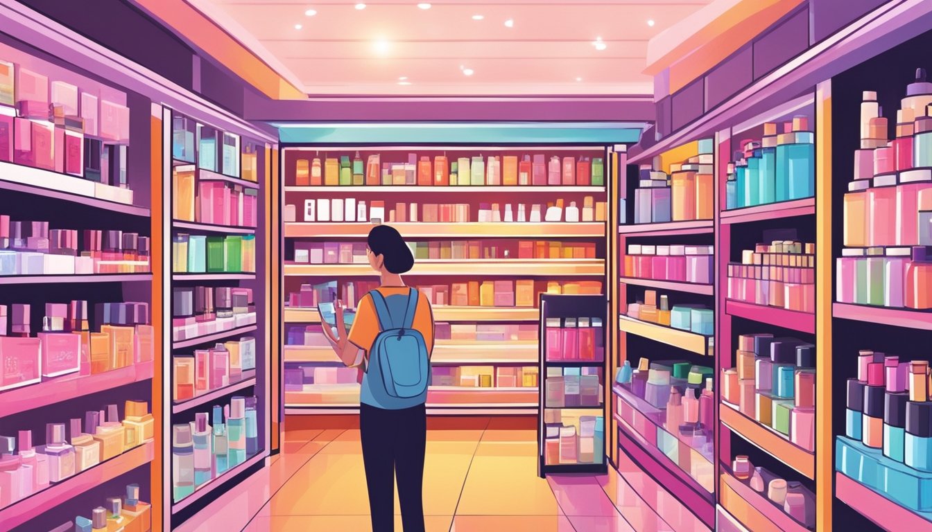 Customers browsing shelves of colorful cosmetics in a Singapore shop. Bright lights illuminate the array of products, from skincare to makeup