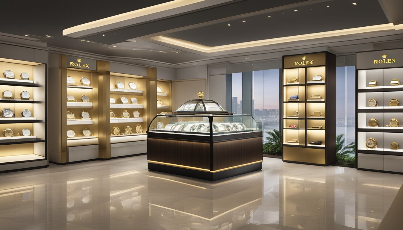 A display of pre-owned Rolex watches in a luxury store in Singapore, with elegant lighting and a sleek, modern interior