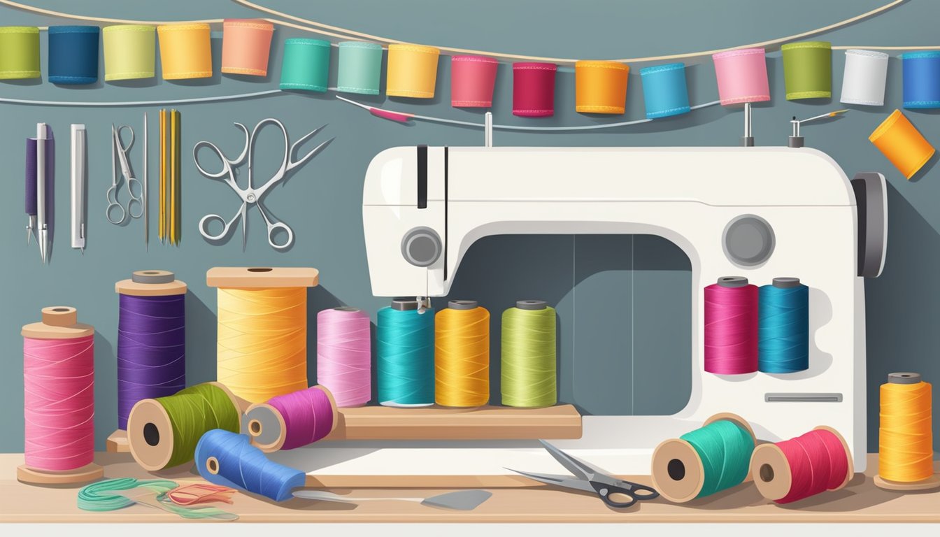 A table with colorful fabrics, thread spools, scissors, and sewing needles. A sewing machine and crafting tools are neatly organized on the side
