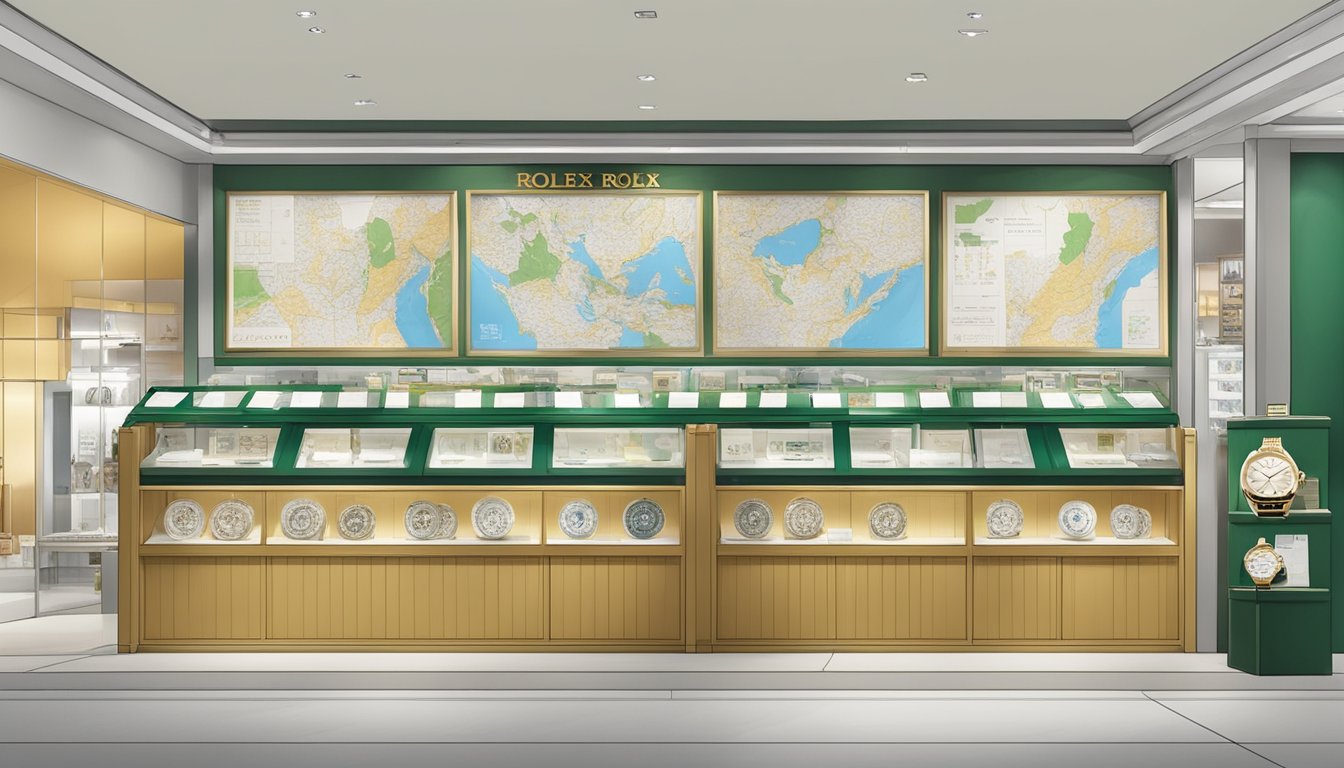 A display of various Rolex models arranged with price tags, a map of Singapore, and a store front with a sign "pre-owned Rolex for sale"
