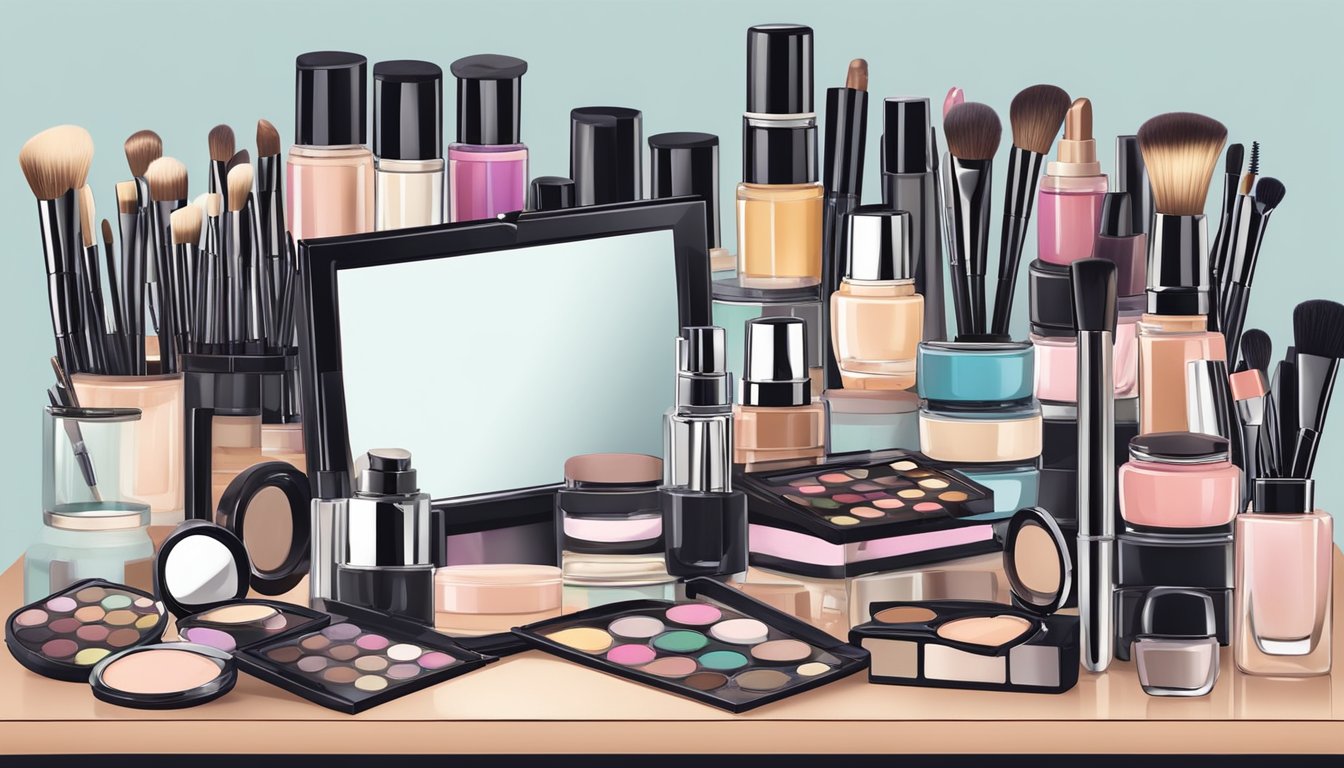 A cluttered makeup table with various cosmetic products and tools, including foundation, lipstick, eyeshadow palettes, brushes, and a mirror