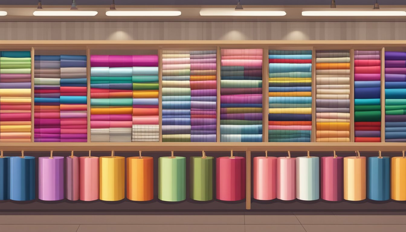 A colorful array of fabric rolls displayed in a Singaporean shop, with a sign reading "Frequently Asked Questions" above