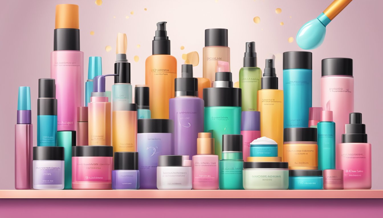 A colorful display of various cosmetic products with a "Frequently Asked Questions" sign in the foreground