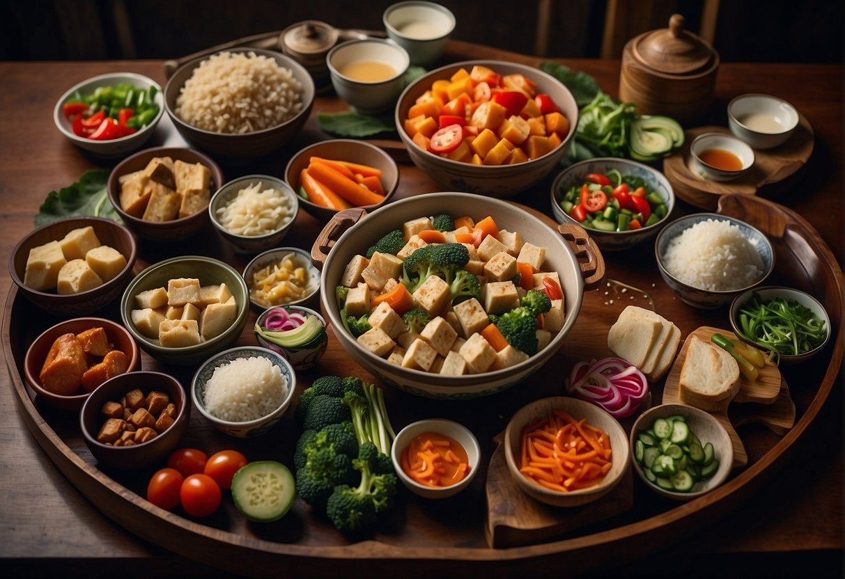 A table set with a variety of colorful, fresh vegetables, tofu, and lean meats, surrounded by traditional Chinese cookware and utensils