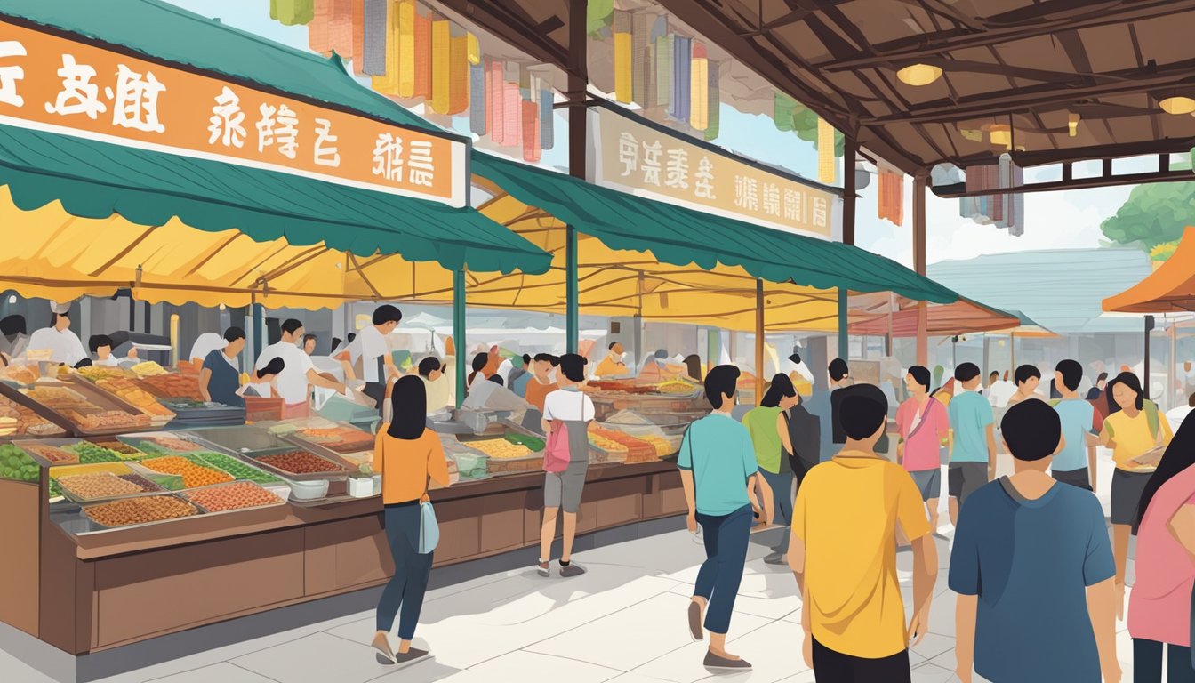 A bustling hawker center in Singapore, with colorful stalls selling various local snacks and delicacies. A sign prominently displays "hae bee hiam" for sale