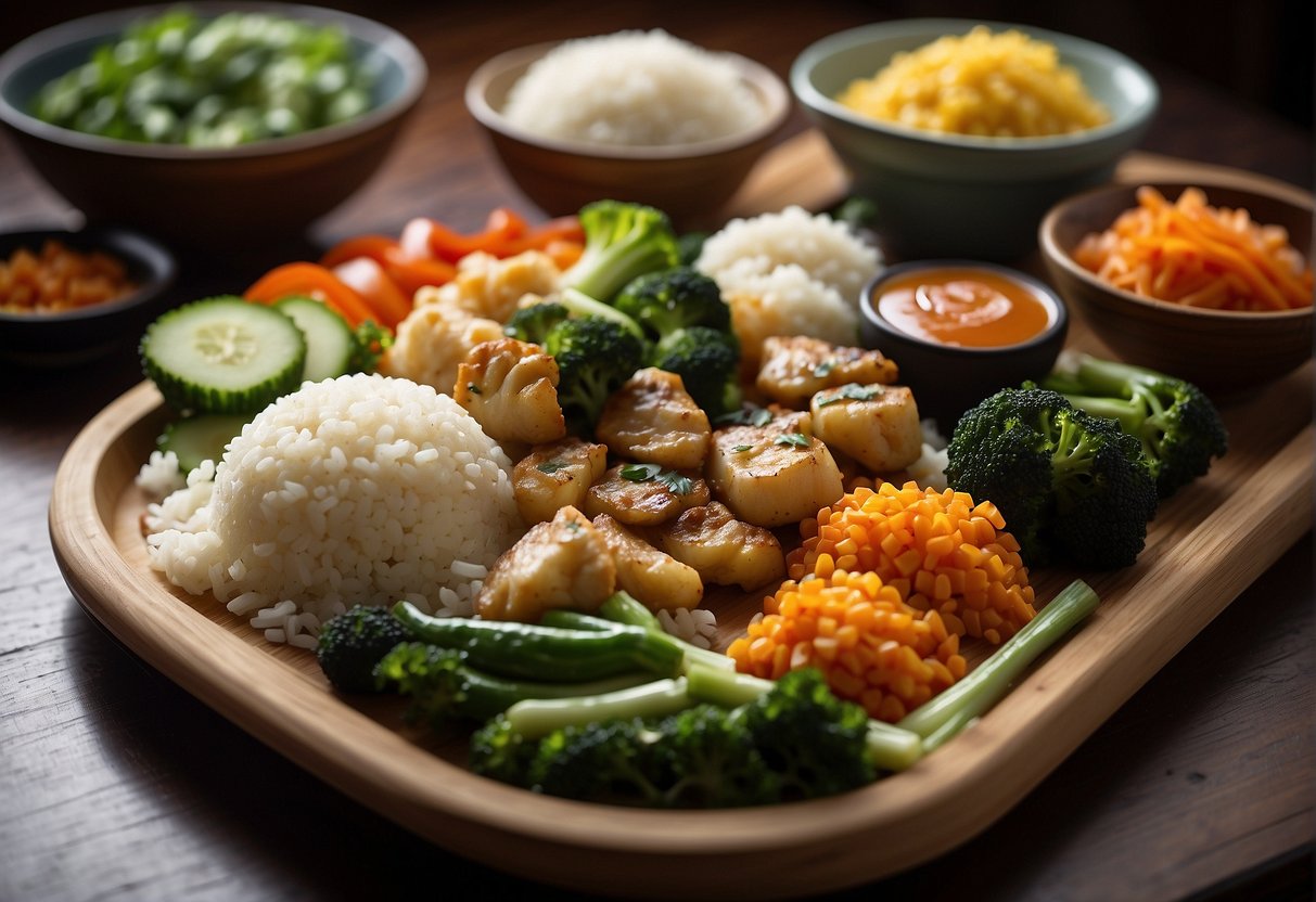 A colorful spread of low carb Chinese dishes, including stir-fried vegetables, steamed fish, and cauliflower rice, arranged on a traditional bamboo serving tray