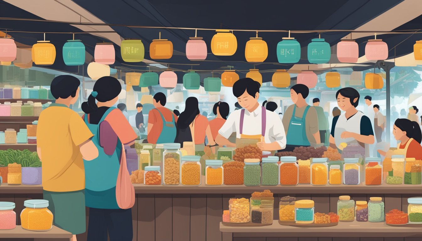 A bustling Singaporean market stall displays various jars of Hae Bee Hiam, with colorful signage and eager customers browsing the selection