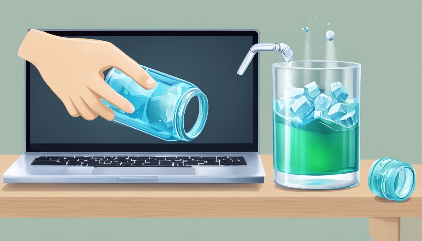 A hand clicks "add to cart" for mineral water on a laptop screen