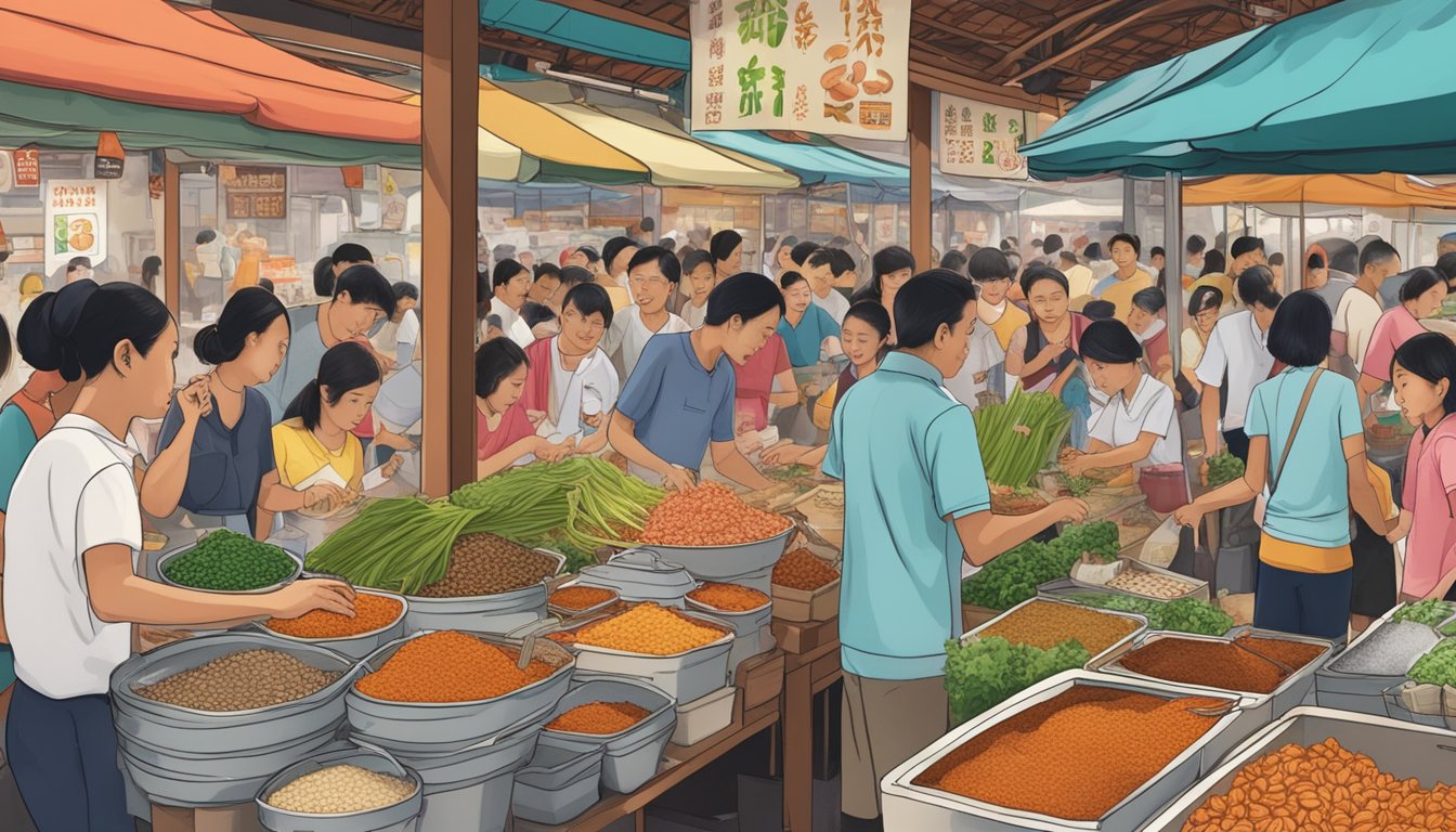 A bustling Singapore market stall sells hae bee hiam, surrounded by curious customers seeking the popular spicy shrimp paste