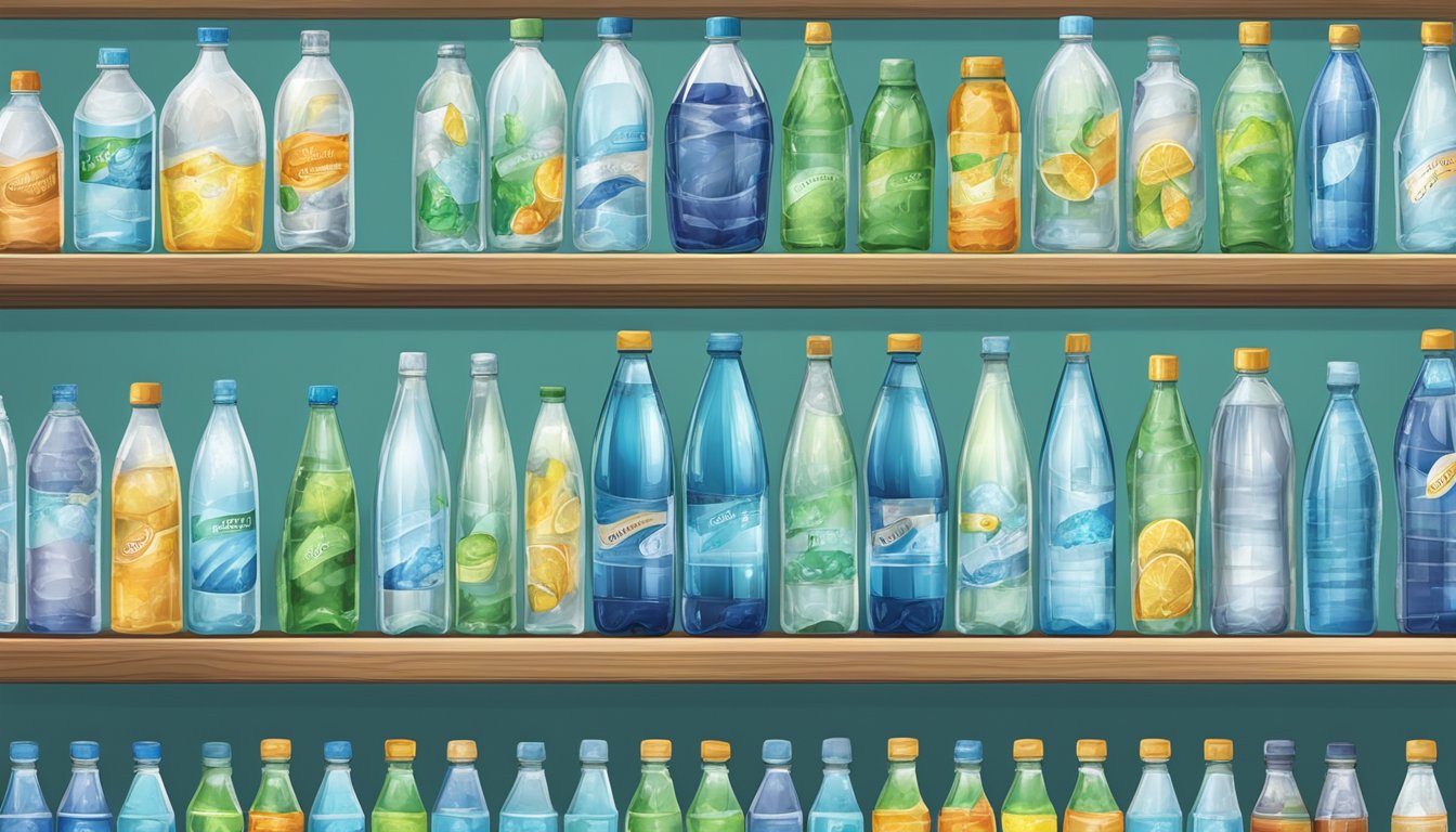 A hand reaches out to select from a variety of mineral water bottles on a shelf, with labels and prices clearly displayed