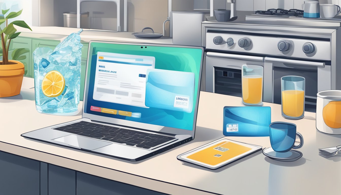 A laptop open on a kitchen counter, with a website displaying various brands of mineral water. A hand reaches for a credit card nearby
