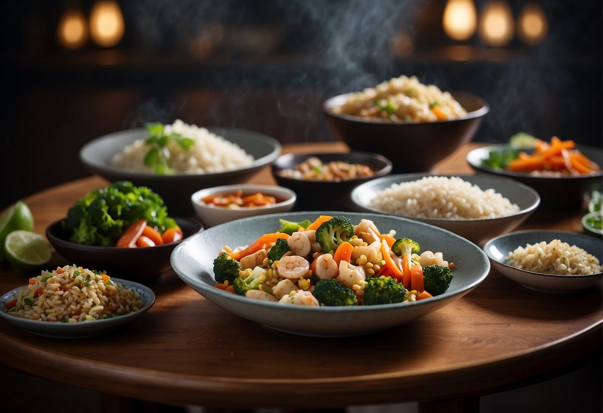 A table set with a variety of low carb Chinese dishes, including stir-fried vegetables, steamed fish, and cauliflower fried rice