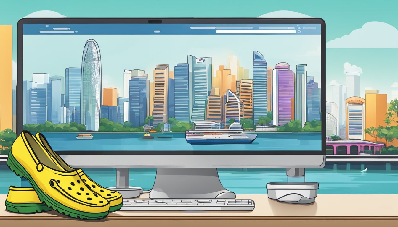 A computer screen displaying a website with various Crocs shoes available for purchase, with the Singapore skyline in the background