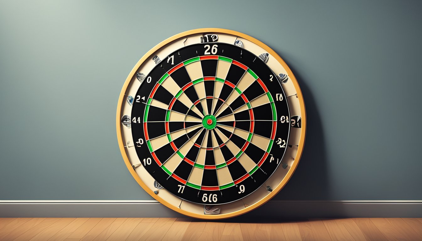 A dart board hangs on a wall in a well-lit room, surrounded by a few darts stuck in the board