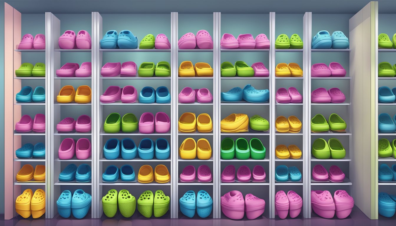 A colorful display of various Crocs styles arranged neatly on shelves, with bright lighting and a clean, modern backdrop