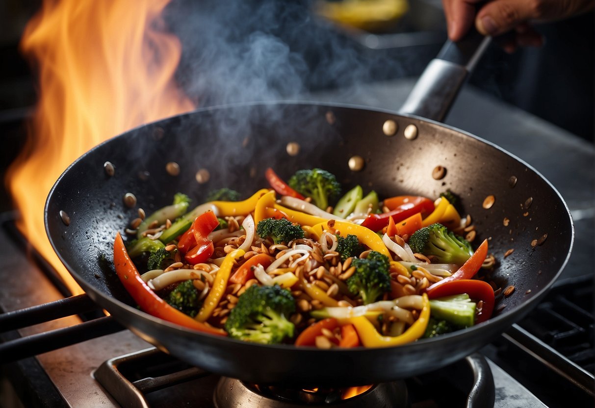 A wok sizzles over a high flame, stir-frying colorful vegetables and lean protein. A chef sprinkles in aromatic spices and sauces, creating flavorful low-carb Chinese dishes