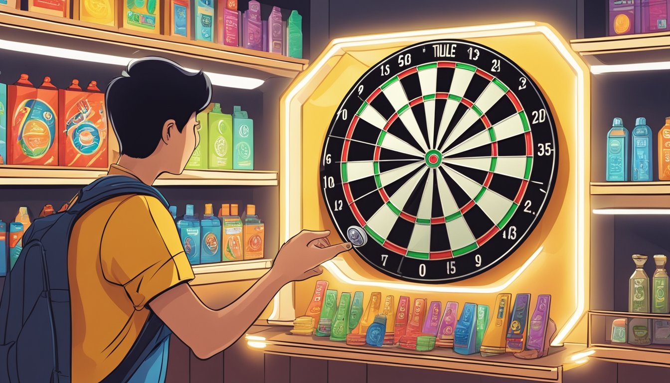 A hand reaches for a dart board on a shelf in a Singapore store. Bright lights illuminate the various options available for purchase