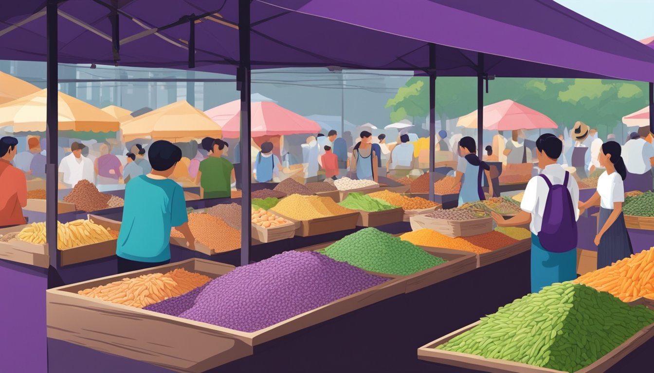 A bustling market stall displays vibrant purple rice in Singapore. Customers browse and purchase the exotic grain, surrounded by colorful produce and bustling activity