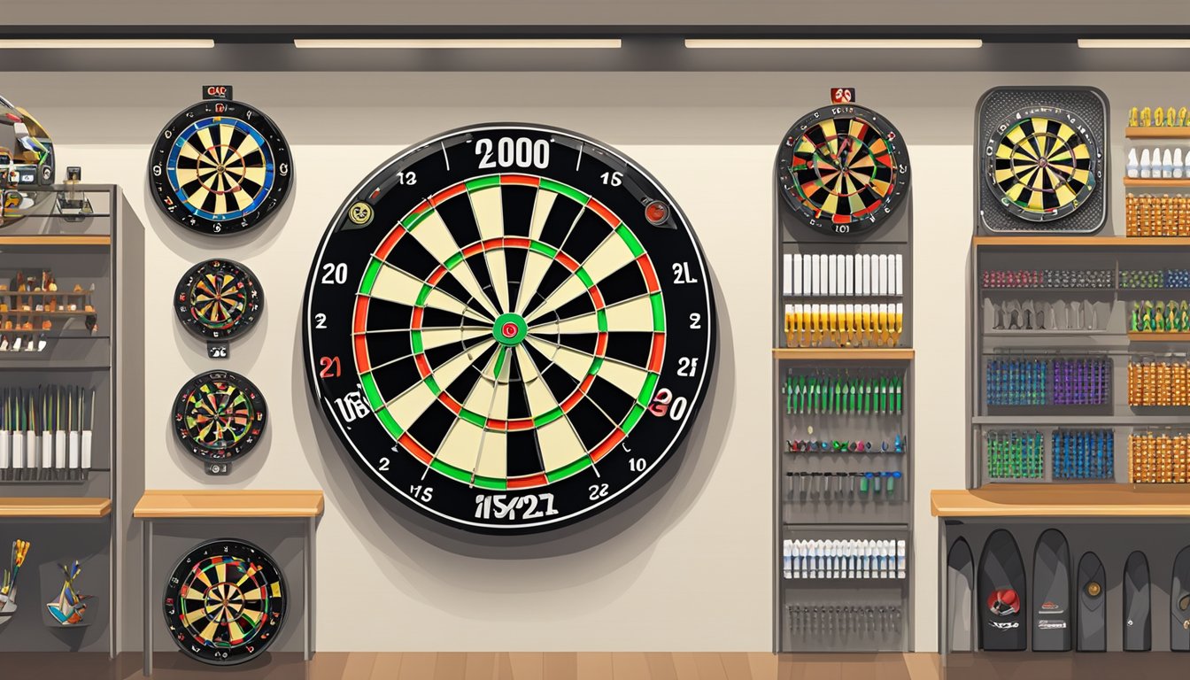 A dart board hanging on a wall in a well-lit sports equipment store in Singapore. Various dart boards of different sizes and designs are displayed on shelves nearby