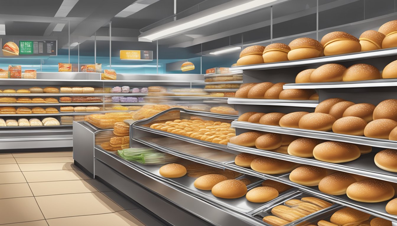A bustling bakery shelf displays fresh hamburger buns in a supermarket aisle in Singapore