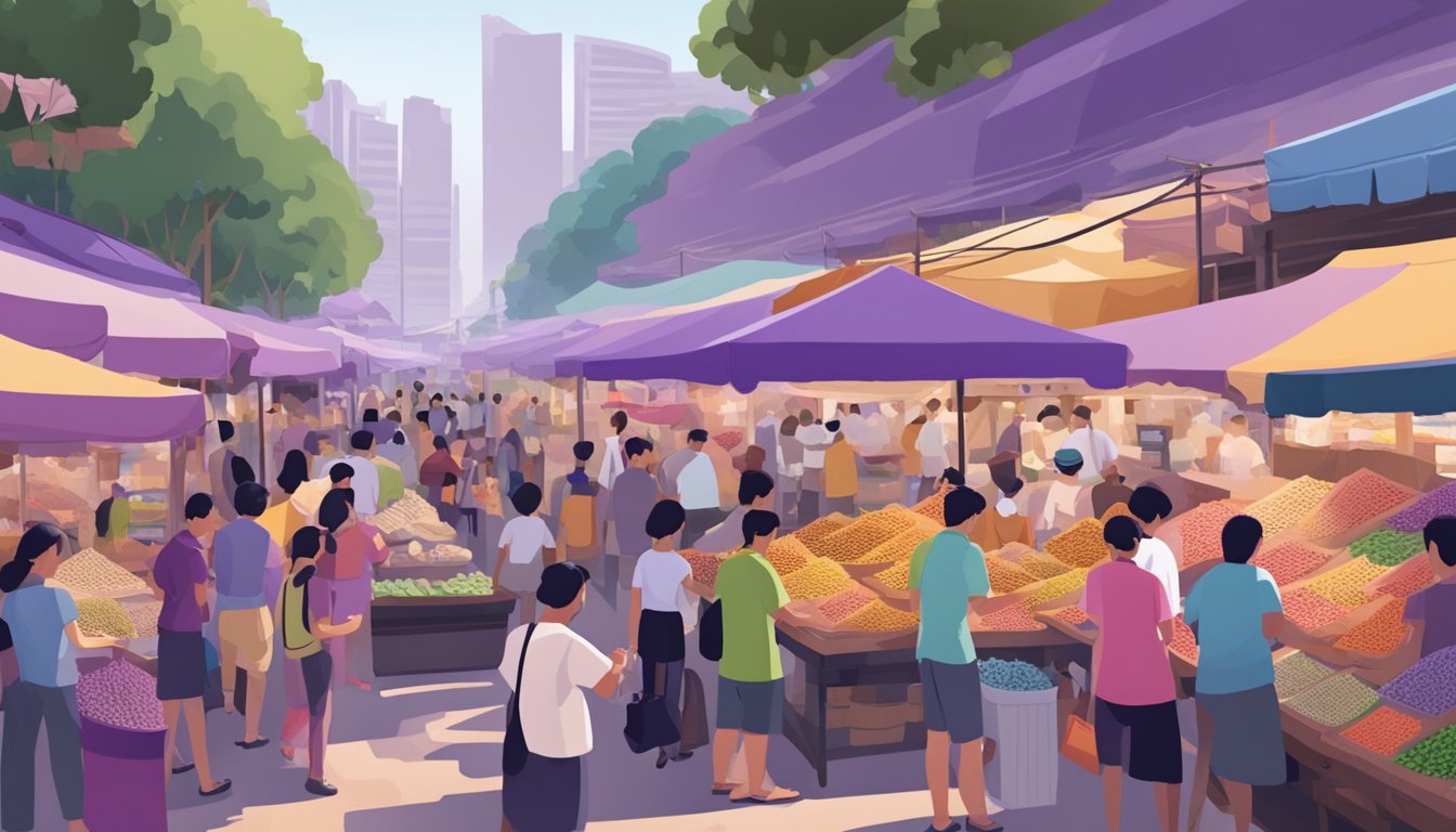 A bustling Singapore market with vibrant displays of purple rice sacks, surrounded by curious shoppers and vendors