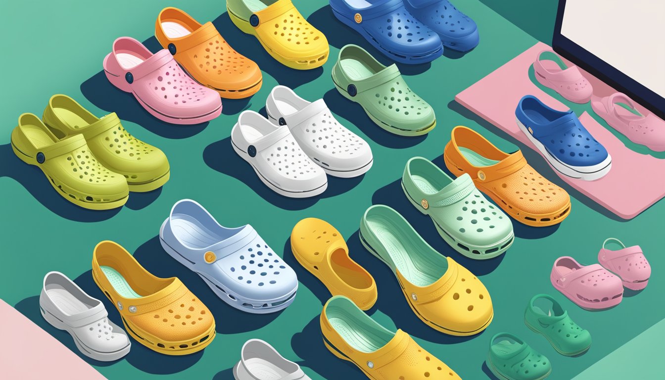Customers browsing a variety of Crocs styles online, with a FAQ section visible on the screen