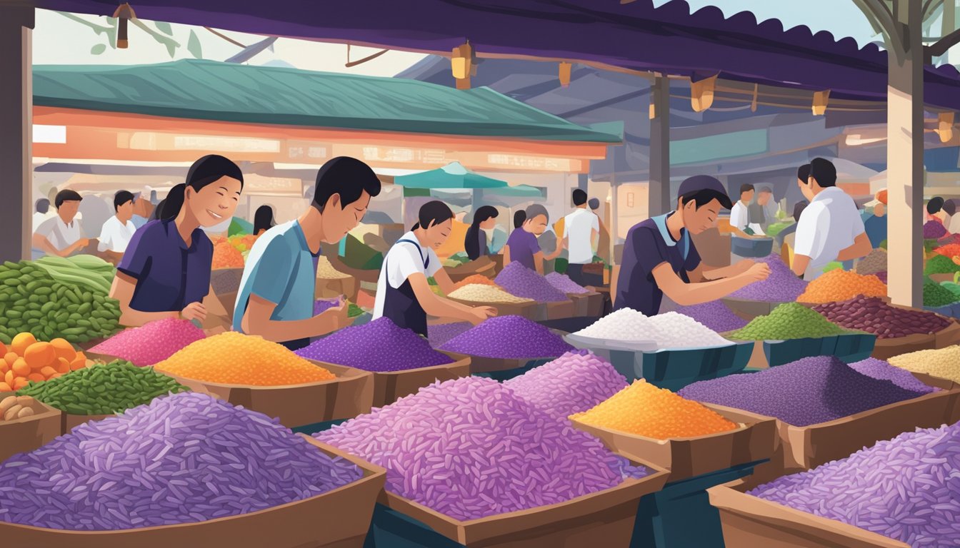A bustling Singaporean market stall displays vibrant purple rice in neatly arranged sacks, surrounded by eager customers and colorful produce